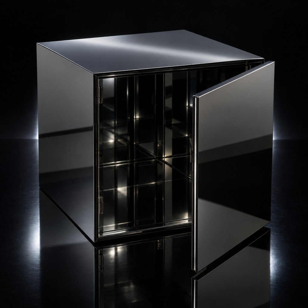 Darkened chrome mirror cube on a black reflective surface, door ajar