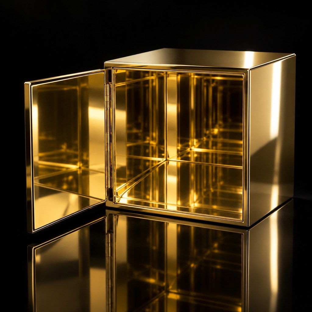 Gold mirror cube, hinged side open, gold mirrored interior