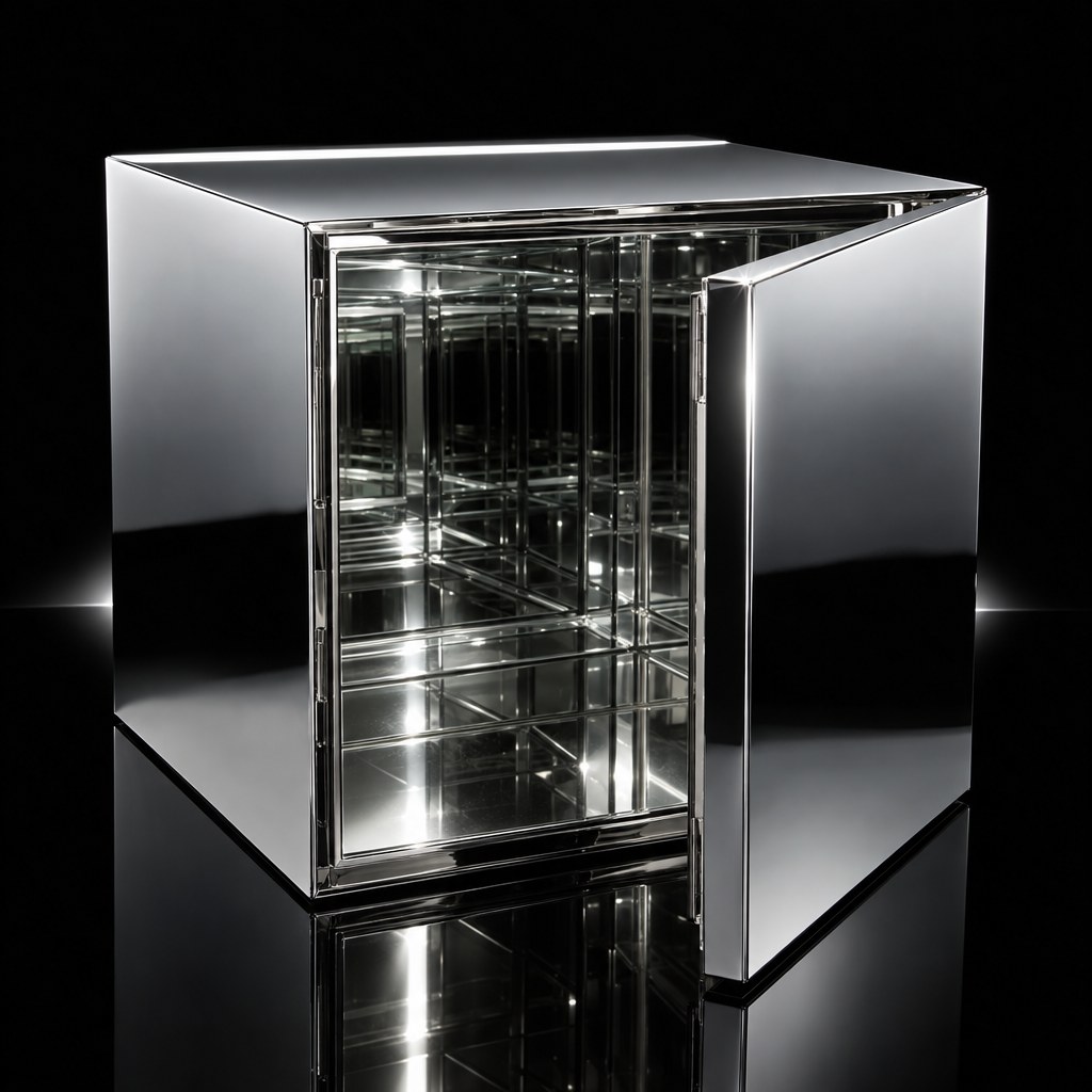 Silver mirror cube on a black reflective surface, door ajar