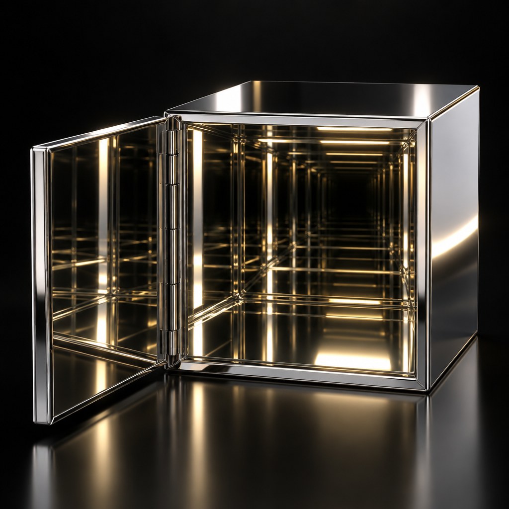 Silver mirror cube, hinged side open, mirrored interior reflecting into infinity