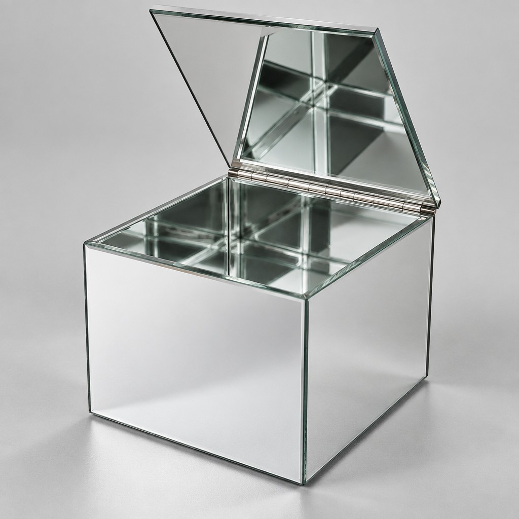 Silver mirror cube with hinged lid open, mirrored inside and out